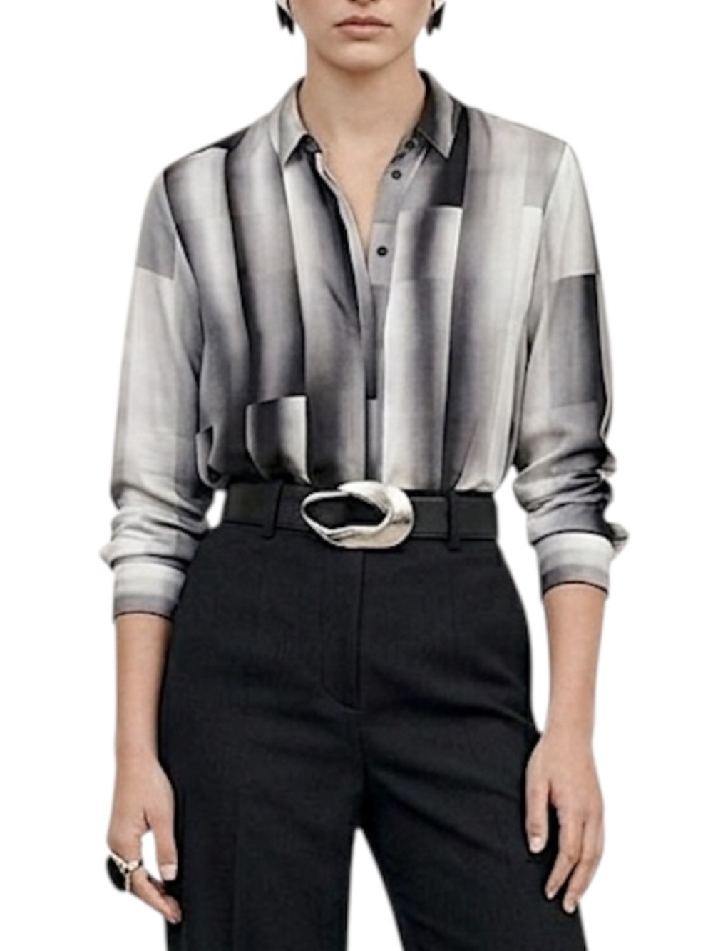 & Other Stories pure silk grey scale ombre geometric quiet luxury blouse 6 *read
